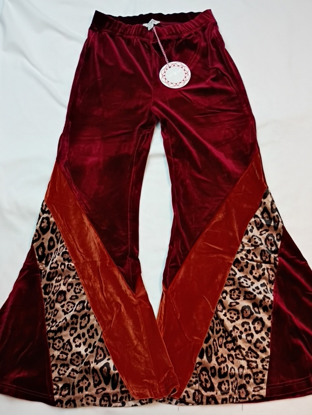 Umgee Burgundy Velvet Boho Flare Wide-Leg Pants Leopard P021